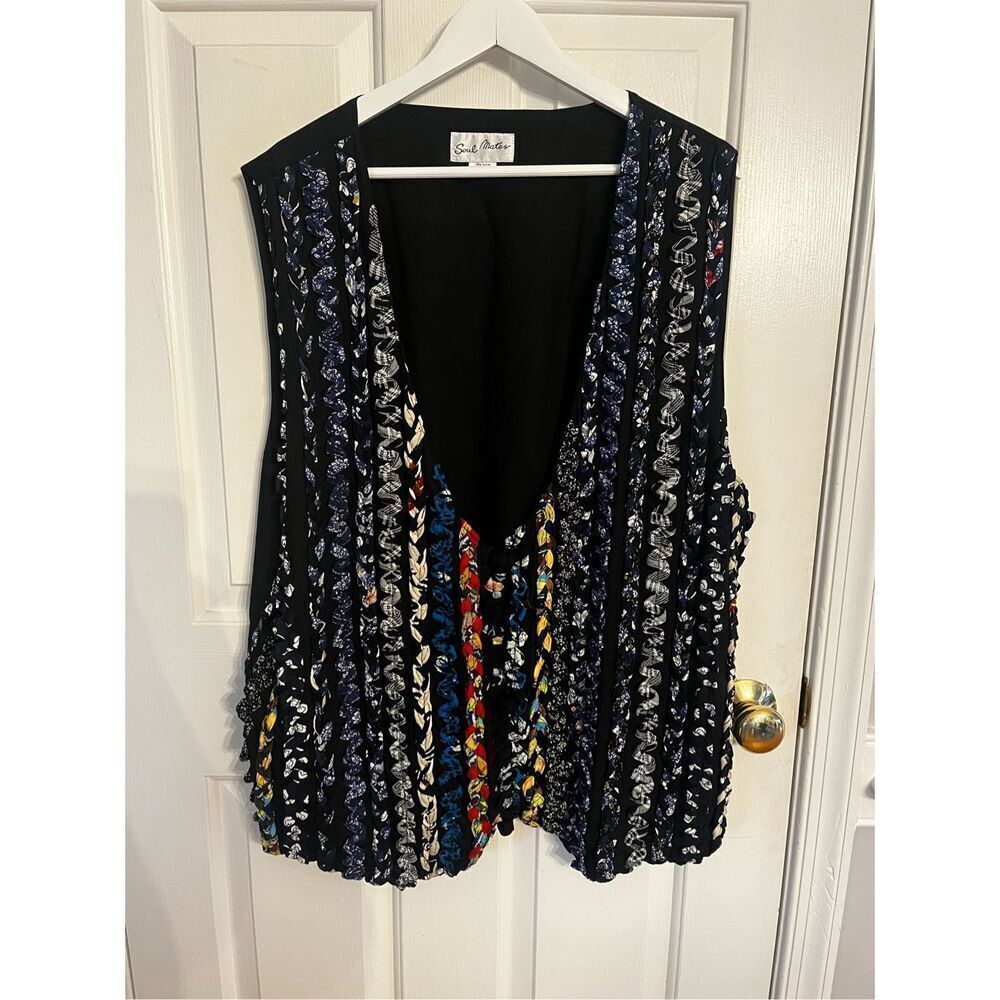 Vintage Soul Mates Black Rayon Multi Rick Rack Stripe Boho Lagenlook Vest sz 2X